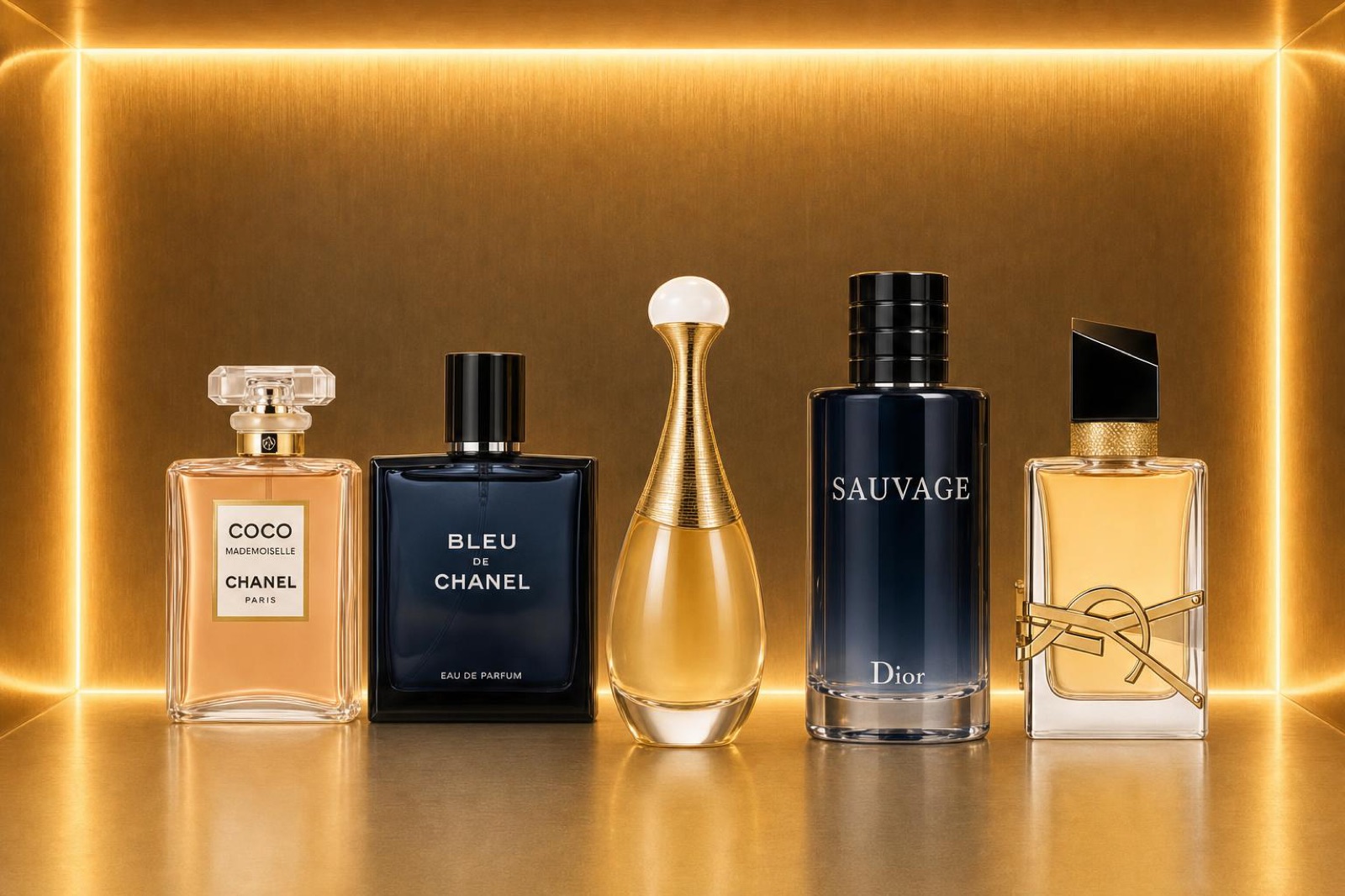 Vendella display case showcasing Coco Mademoiselle, Bleu de Chanel, J'adore, Sauvage, and YSL Libre